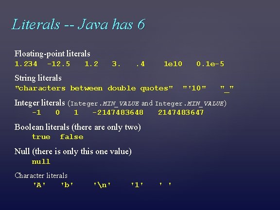 Literals -- Java has 6 Floating-point literals 1. 234 -12. 5 1. 2 3.