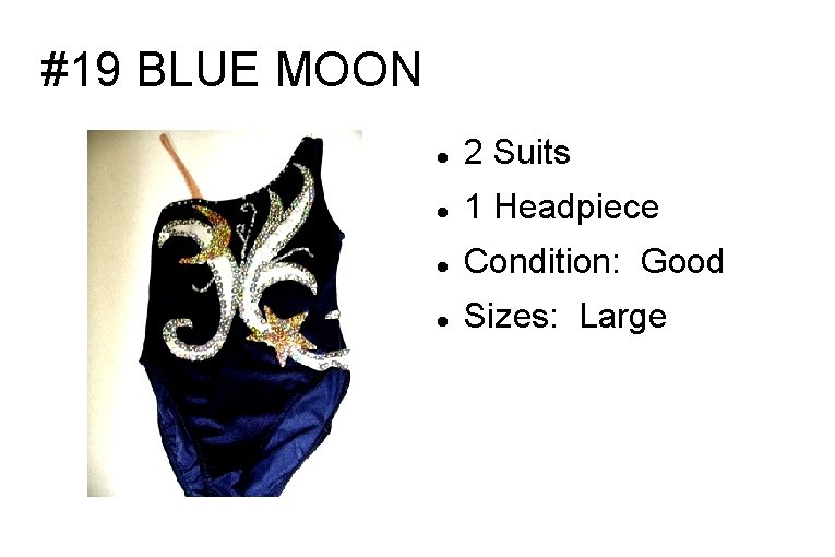 #19 BLUE MOON 2 Suits 1 Headpiece Condition: Good Sizes: Large 