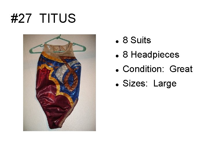 #27 TITUS 8 Suits 8 Headpieces Condition: Great Sizes: Large 