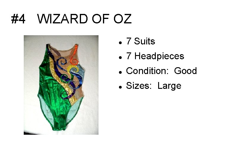 #4 WIZARD OF OZ 7 Suits 7 Headpieces Condition: Good Sizes: Large 