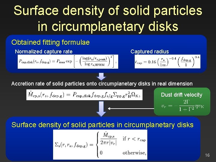 Surface density of solid particles in circumplanetary disks Obtained fitting formulae Normalized capture rate