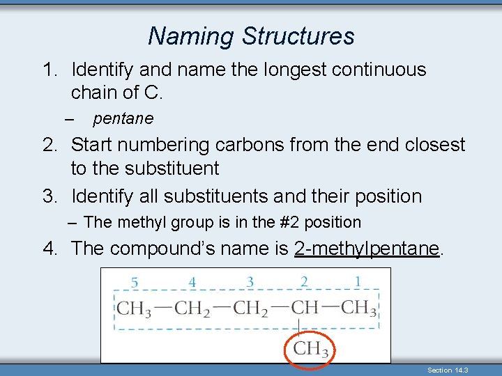 Naming Structures 1. Identify and name the longest continuous chain of C. – pentane