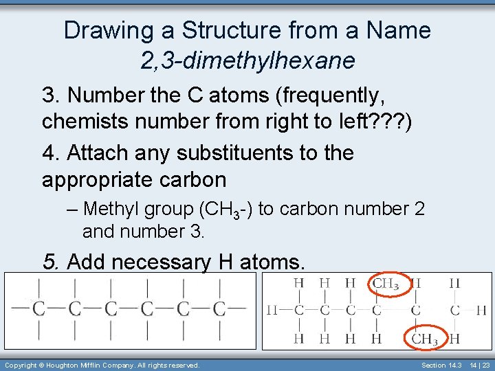 Drawing a Structure from a Name 2, 3 -dimethylhexane 3. Number the C atoms