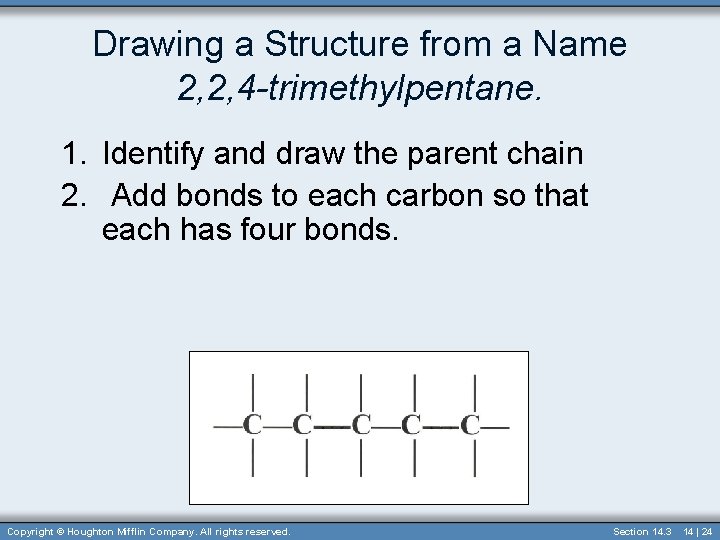 Drawing a Structure from a Name 2, 2, 4 -trimethylpentane. 1. Identify and draw