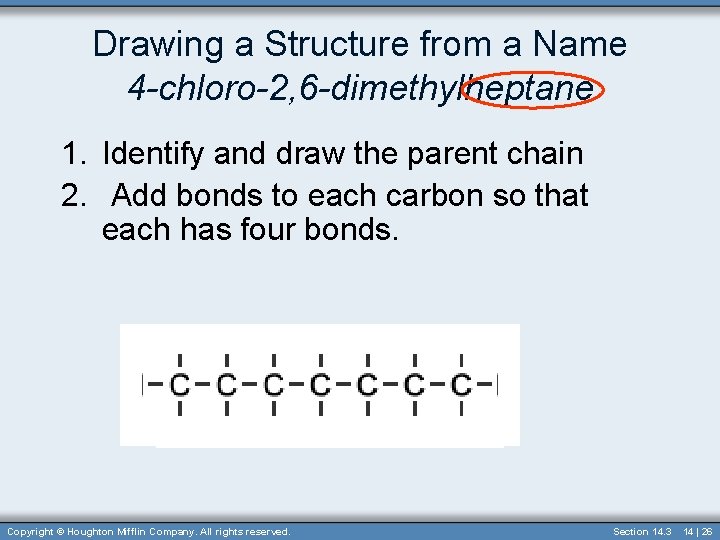 Drawing a Structure from a Name 4 -chloro-2, 6 -dimethylheptane 1. Identify and draw