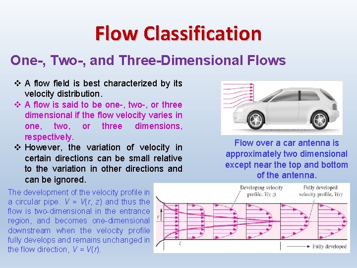 Flow Classification One-, Two-, and Three-Dimensional Flows v A flow field is best characterized Flow Classification One-, Two-, and Three-Dimensional Flows v A flow field is best characterized