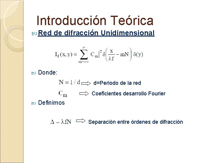 Introducción Teórica Red de difracción Unidimensional Donde: d=Periodo de la red Coeficientes desarrollo Fourier
