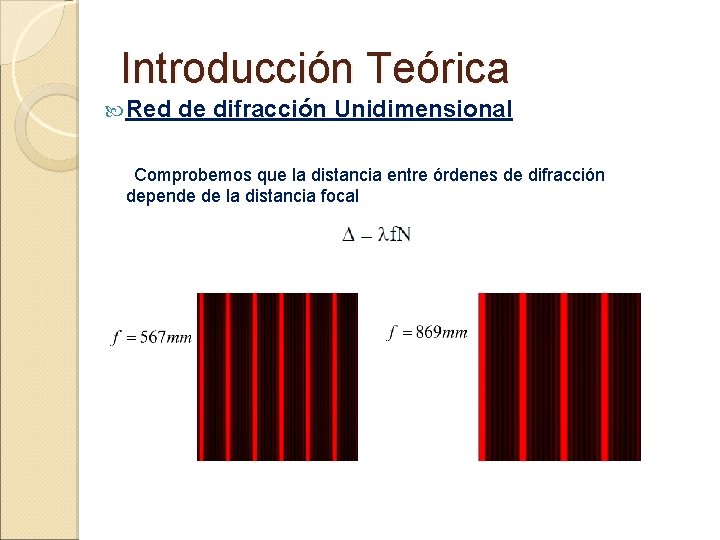 Introducción Teórica Red de difracción Unidimensional Comprobemos que la distancia entre órdenes de difracción