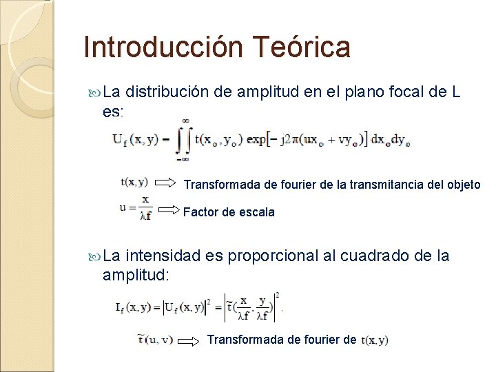 Introducción Teórica La distribución de amplitud en el plano focal de L es: Transformada