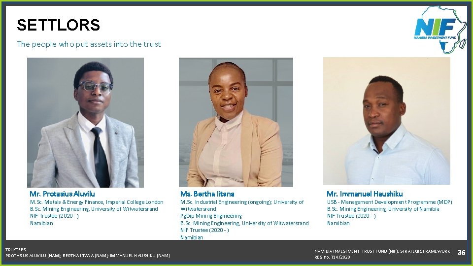 SETTLORS The people who put assets into the trust Mr. Protasius Aluvilu M. Sc.