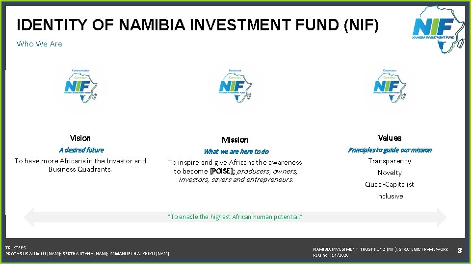 IDENTITY OF NAMIBIA INVESTMENT FUND (NIF) Who We Are Vision Mission Values A desired