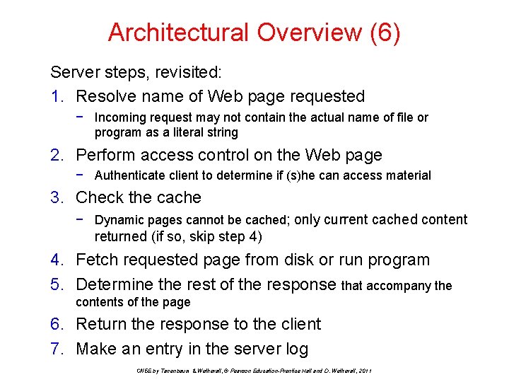 Architectural Overview (6) Server steps, revisited: 1. Resolve name of Web page requested −