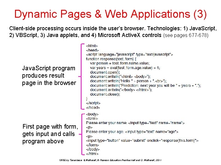 Dynamic Pages & Web Applications (3) Client-side processing occurs inside the user’s browser. Technologies: