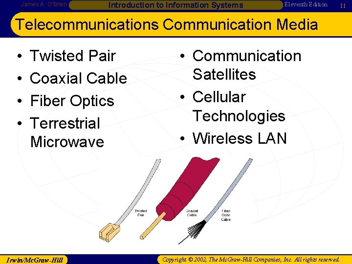 James A. O’Brien Introduction to Information Systems Eleventh Edition 11 Telecommunications Communication Media •