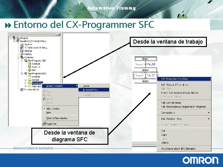 Automation Training 8 Entorno del CX-Programmer SFC Desde la ventana de trabajo Desde la