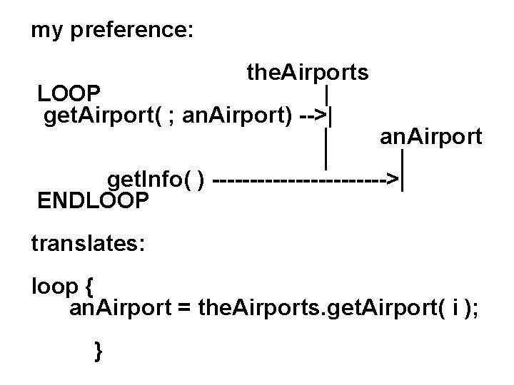 my preference: the. Airports LOOP | get. Airport( ; an. Airport) -->| | an.