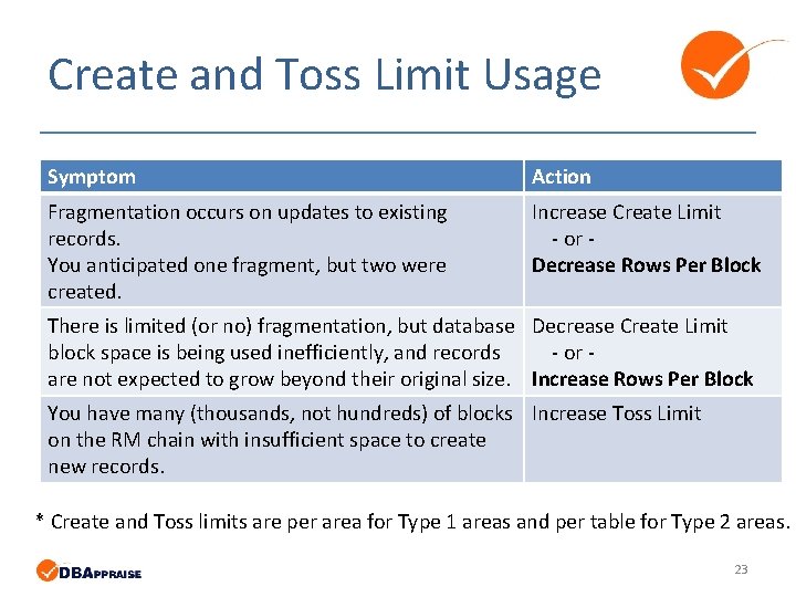 Create and Toss Limit Usage Symptom Action Fragmentation occurs on updates to existing records. Create and Toss Limit Usage Symptom Action Fragmentation occurs on updates to existing records.