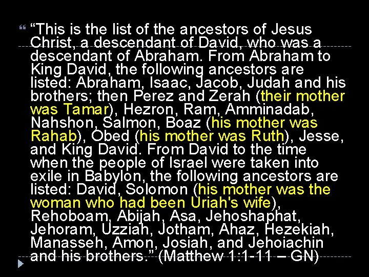  “This is the list of the ancestors of Jesus Christ, a descendant of