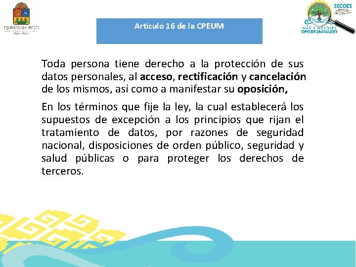 Articulo 16 de la CPEUM Toda persona tiene derecho a la protección de sus