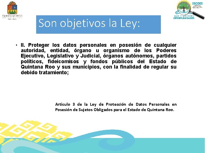 Son objetivos la Ley: • II. Proteger los datos personales en posesión de cualquier