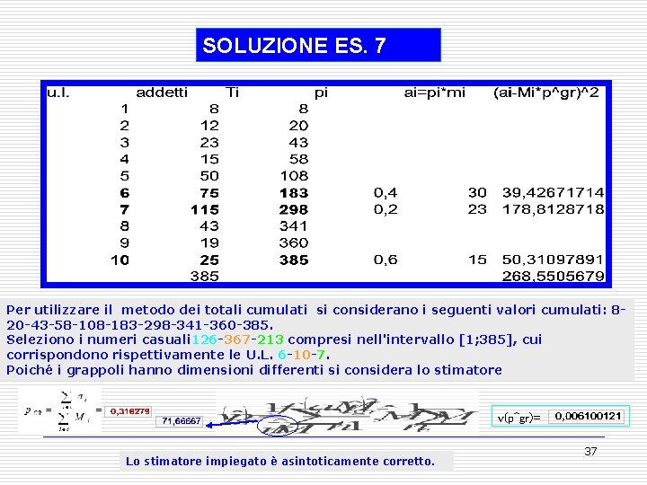 SOLUZIONE ES. 7 Per utilizzare il metodo dei totali cumulati si considerano i seguenti