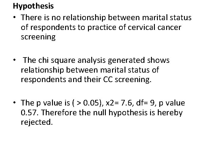 Hypothesis • There is no relationship between marital status of respondents to practice of