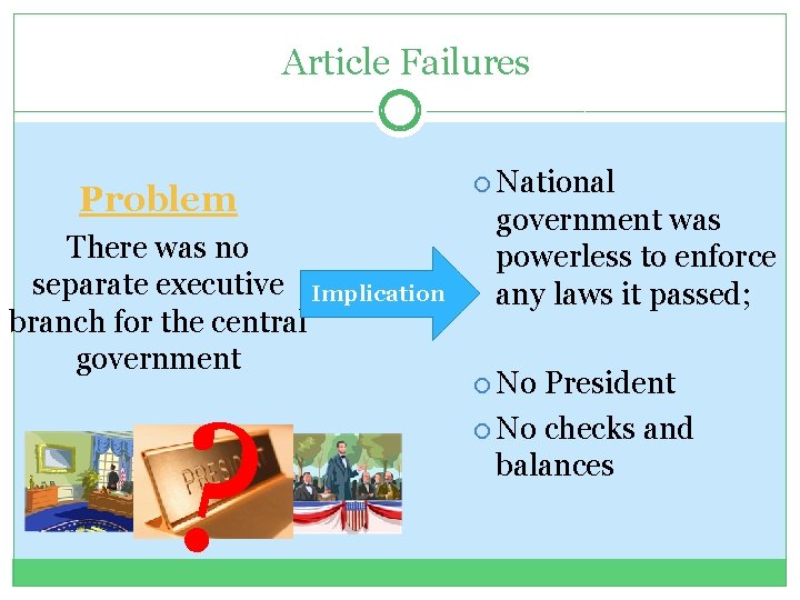 Article Failures Problem There was no separate executive Implication branch for the central government