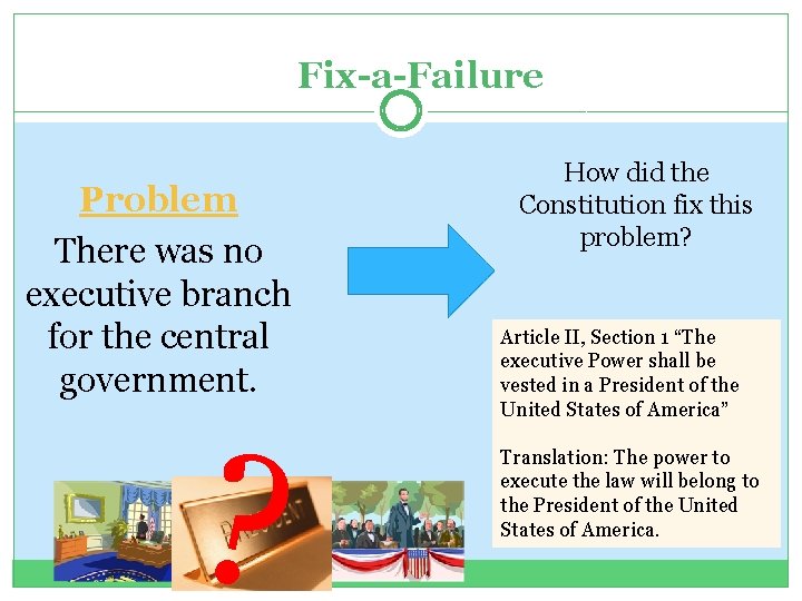 Fix-a-Failure Problem There was no executive branch for the central government. ? How did