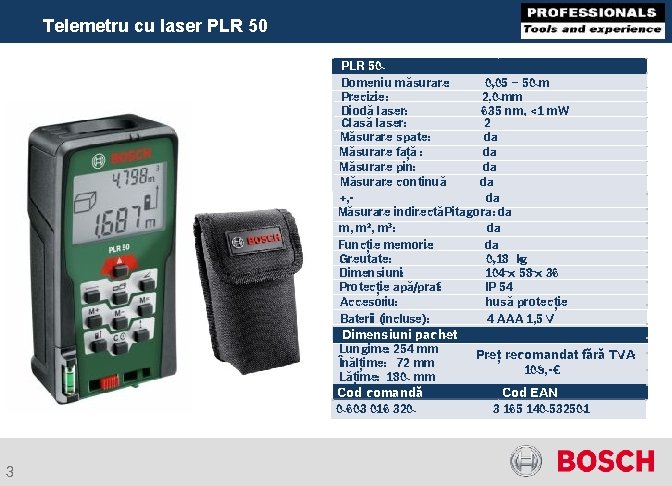 Telemetru cu laser PLR 50 Domeniu măsurare: 0, 05 – 50 m Precizie: 2,