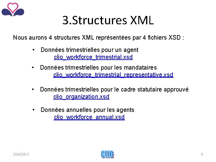 3. Structures XML Nous aurons 4 structures XML représentées par 4 fichiers XSD :