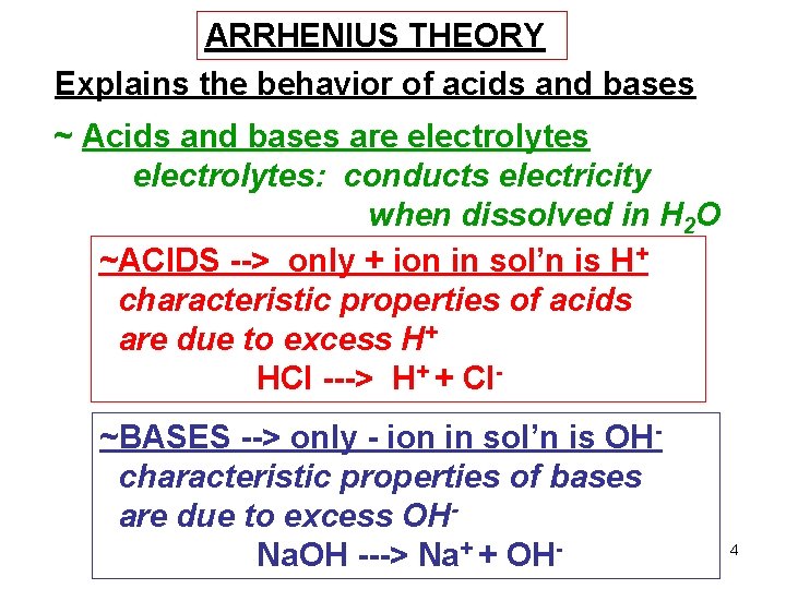 ARRHENIUS THEORY Explains the behavior of acids and bases ~ Acids and bases are