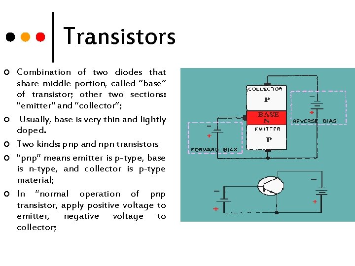 Transistors ¢ ¢ ¢ Combination of two diodes that share middle portion, called “base”