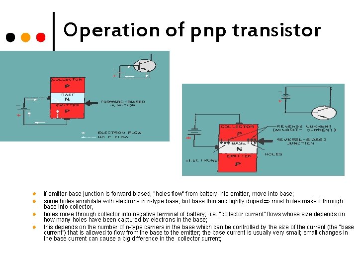 Operation of pnp transistor l l if emitter-base junction is forward biased, “holes flow”