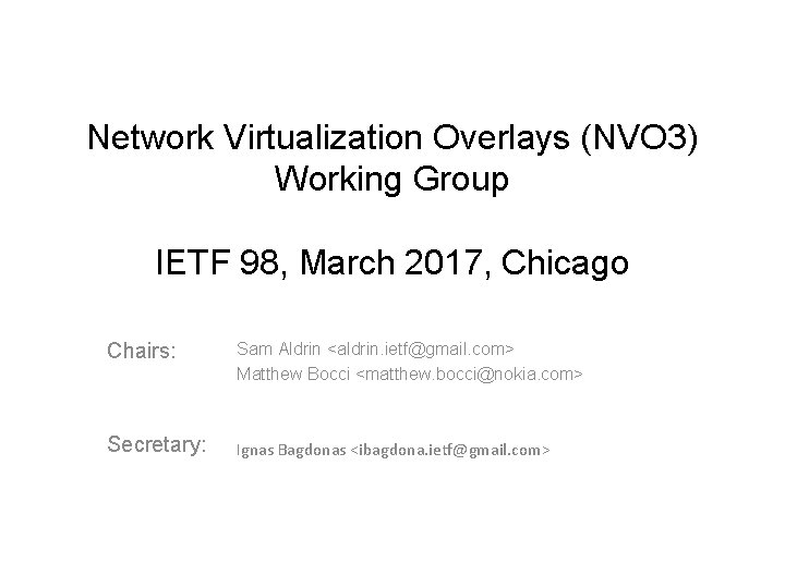 Network Virtualization Overlays (NVO 3) Working Group IETF 98, March 2017, Chicago Chairs: Sam