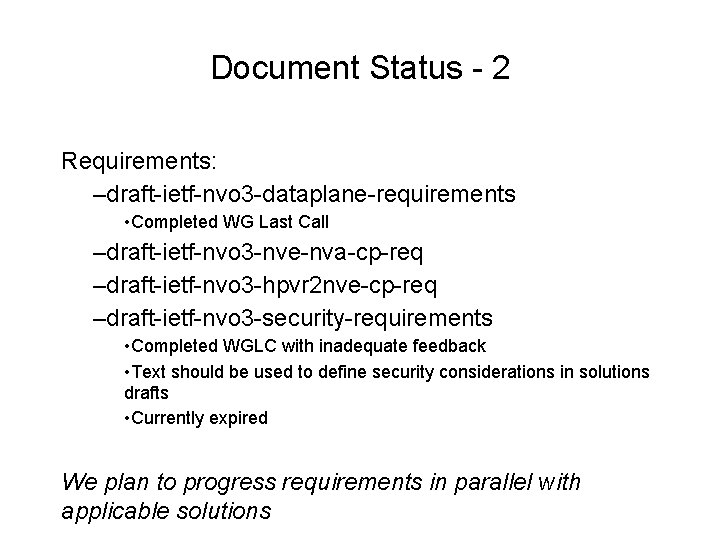 Document Status - 2 Requirements: –draft-ietf-nvo 3 -dataplane-requirements • Completed WG Last Call –draft-ietf-nvo