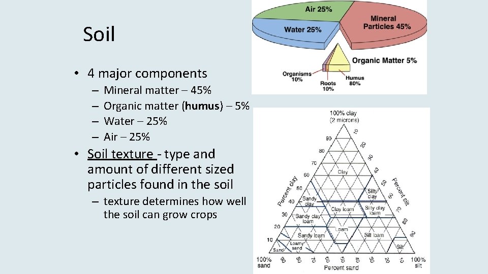 Soil • 4 major components – – Mineral matter – 45% Organic matter (humus)