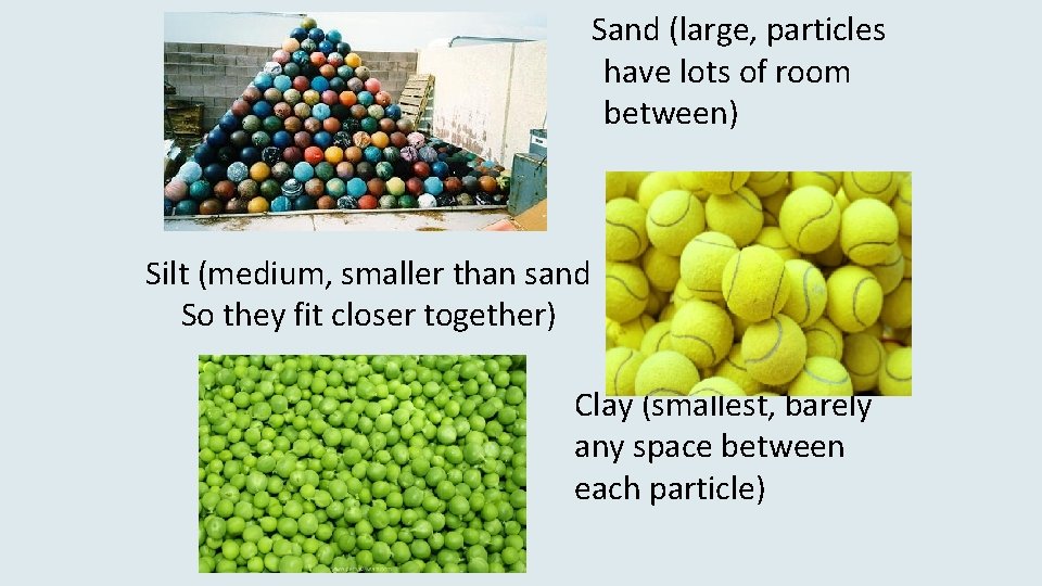 Sand (large, particles have lots of room between) Silt (medium, smaller than sand So