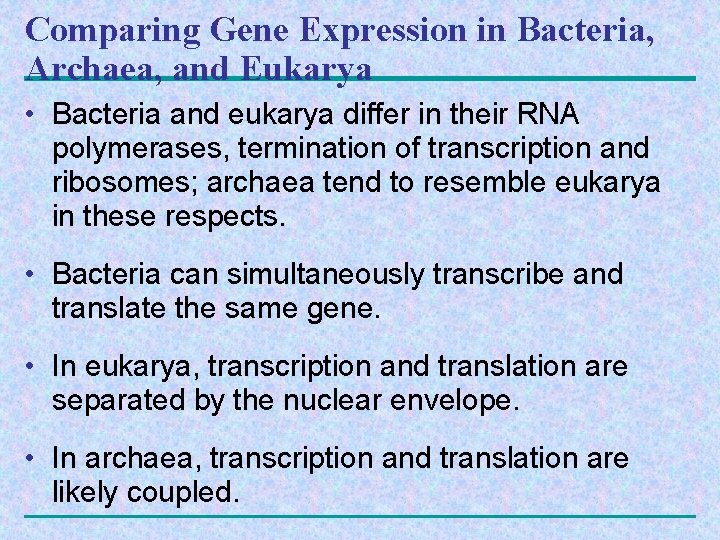 Comparing Gene Expression in Bacteria, Archaea, and Eukarya • Bacteria and eukarya differ in