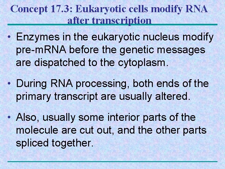 Concept 17. 3: Eukaryotic cells modify RNA after transcription • Enzymes in the eukaryotic