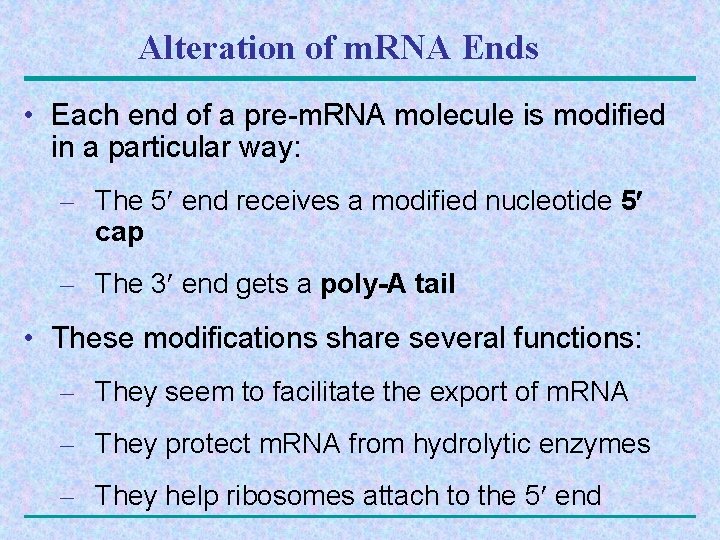 Alteration of m. RNA Ends • Each end of a pre-m. RNA molecule is