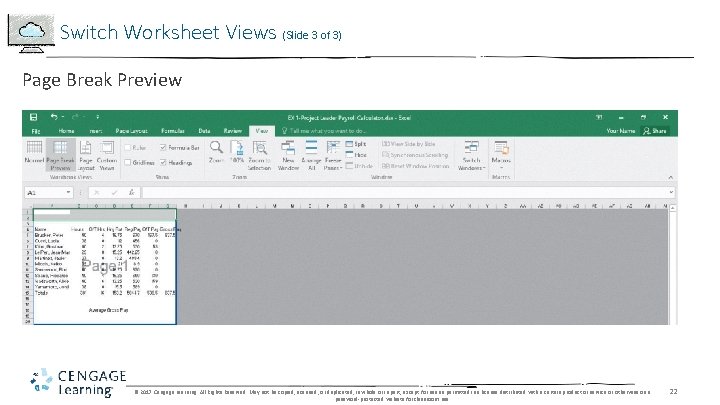 Switch Worksheet Views (Slide 3 of 3) Page Break Preview © 2017 Cengage Learning.