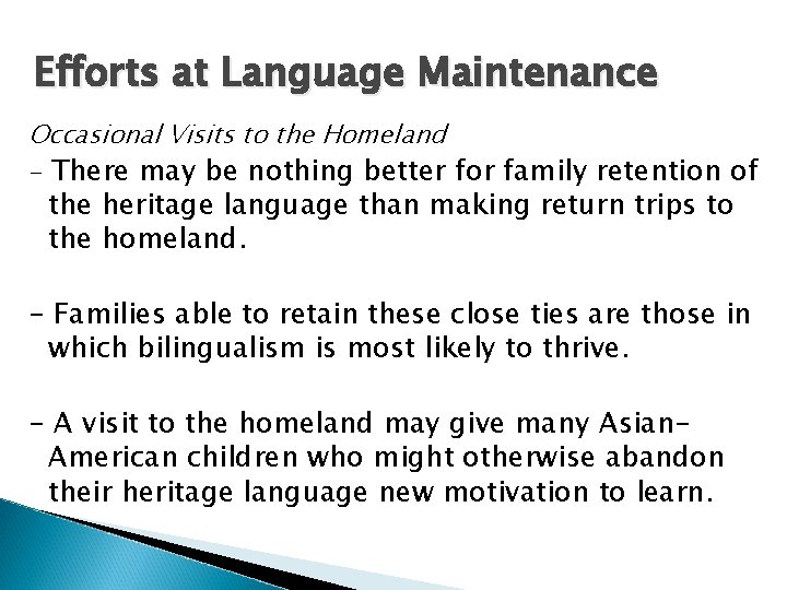 Efforts at Language Maintenance Occasional Visits to the Homeland - There may be nothing