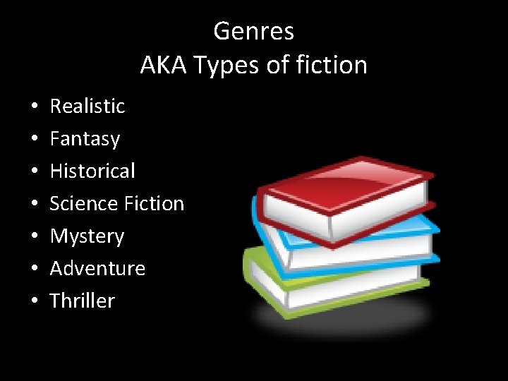 Genres AKA Types of fiction • • Realistic Fantasy Historical Science Fiction Mystery Adventure