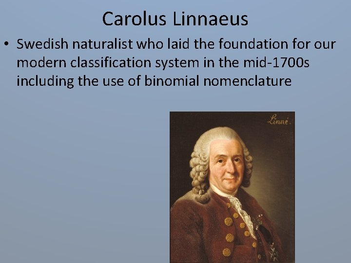 Carolus Linnaeus • Swedish naturalist who laid the foundation for our modern classification system