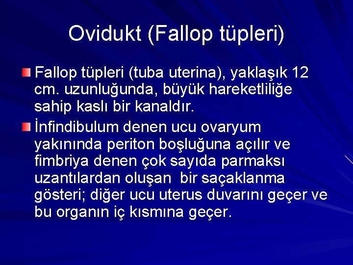 Ovidukt (Fallop tüpleri) Fallop tüpleri (tuba uterina), yaklaşık 12 cm. uzunluğunda, büyük hareketliliğe sahip