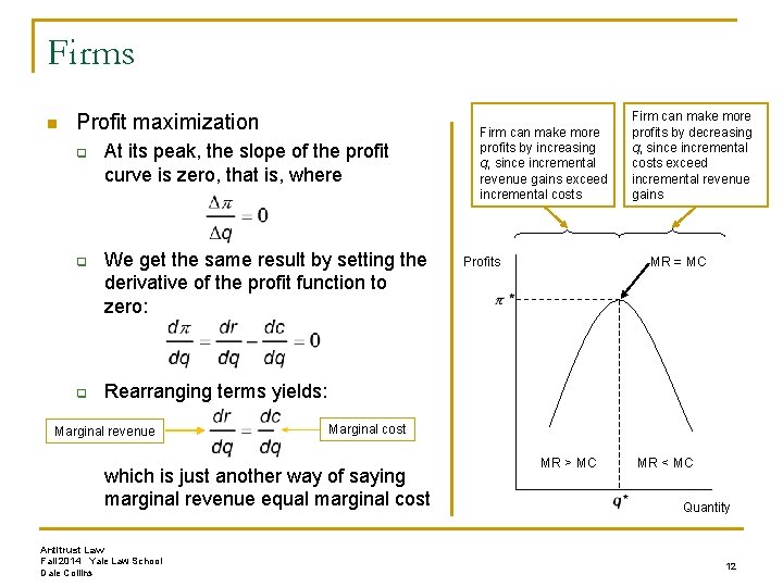 Firms n Profit maximization q q q At its peak, the slope of the