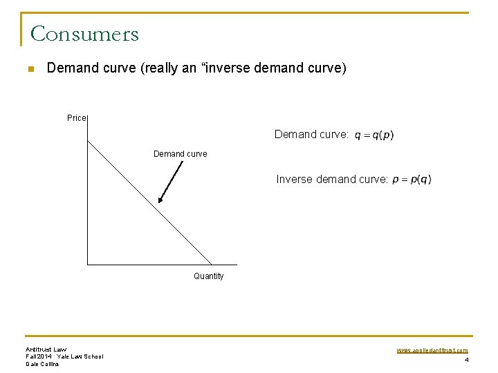 Consumers n Demand curve (really an “inverse demand curve) Price Demand curve: Demand curve