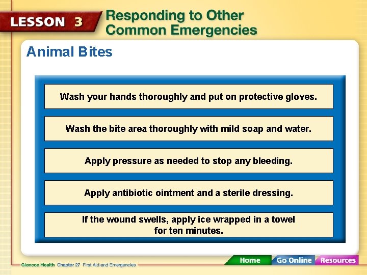 Animal Bites Wash your hands thoroughly and put on protective gloves. Wash the bite