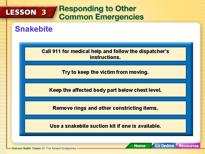 Snakebite Call 911 for medical help and follow the dispatcher’s instructions. Try to keep