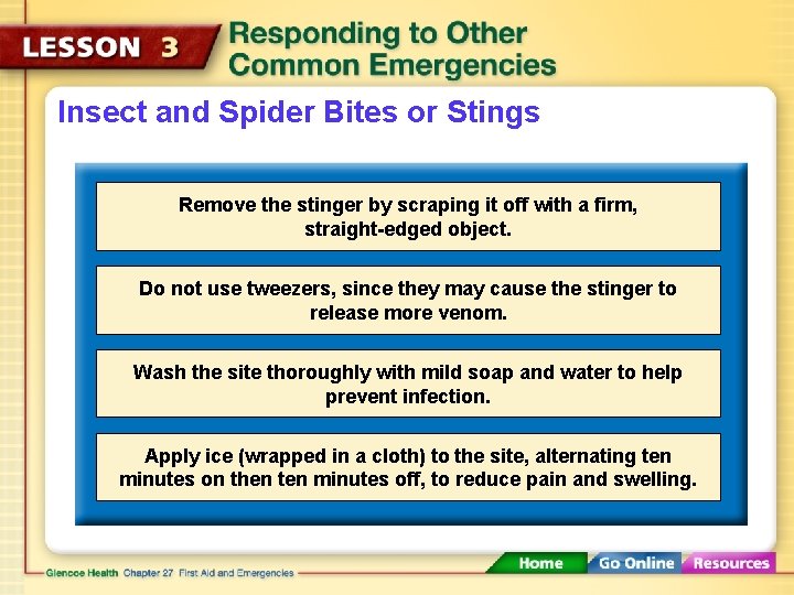 Insect and Spider Bites or Stings Remove the stinger by scraping it off with